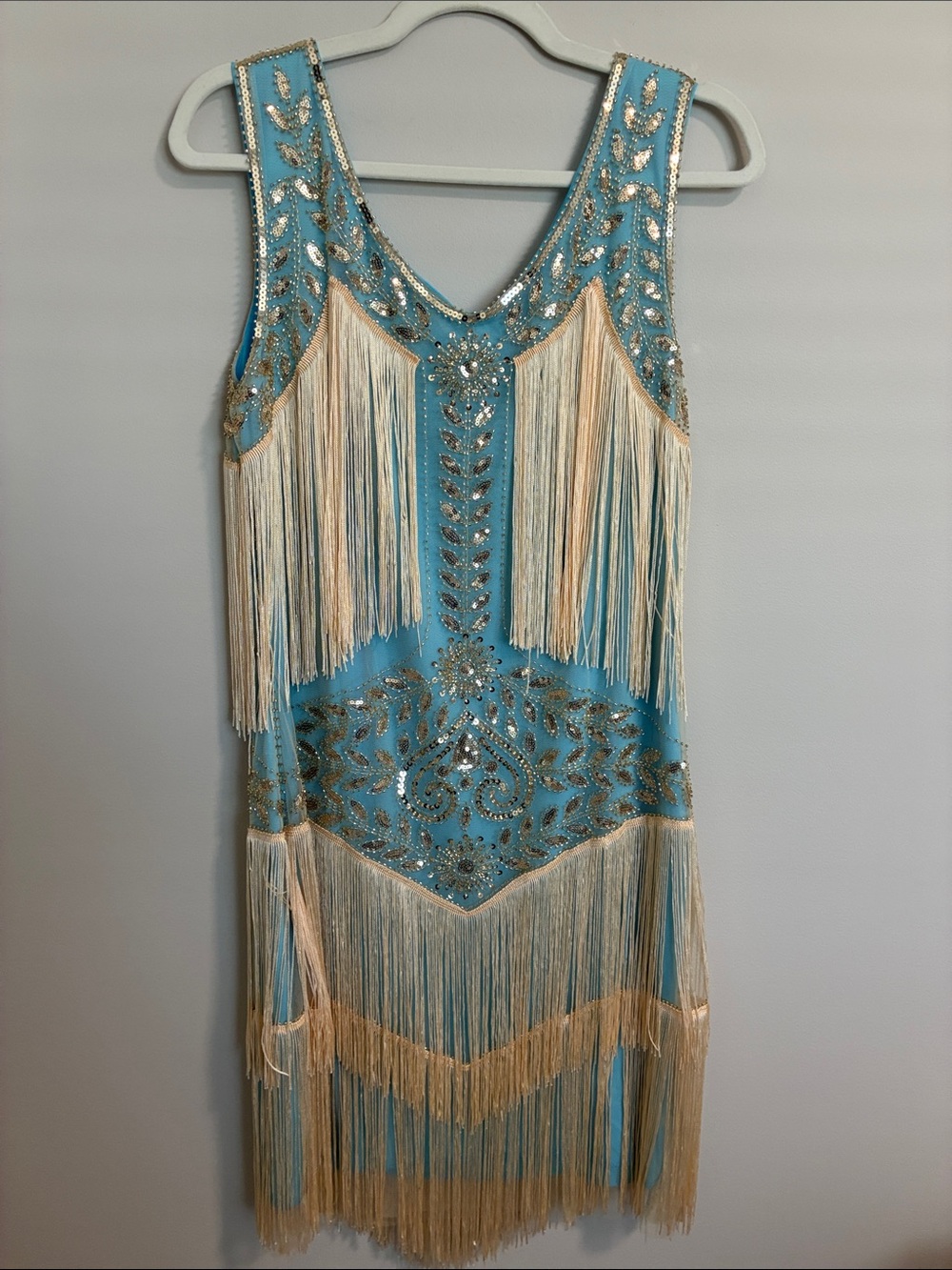 Vintage-Inspired Blue & Cream Fringe Flapper Dress - XL - Picture 6 of 8